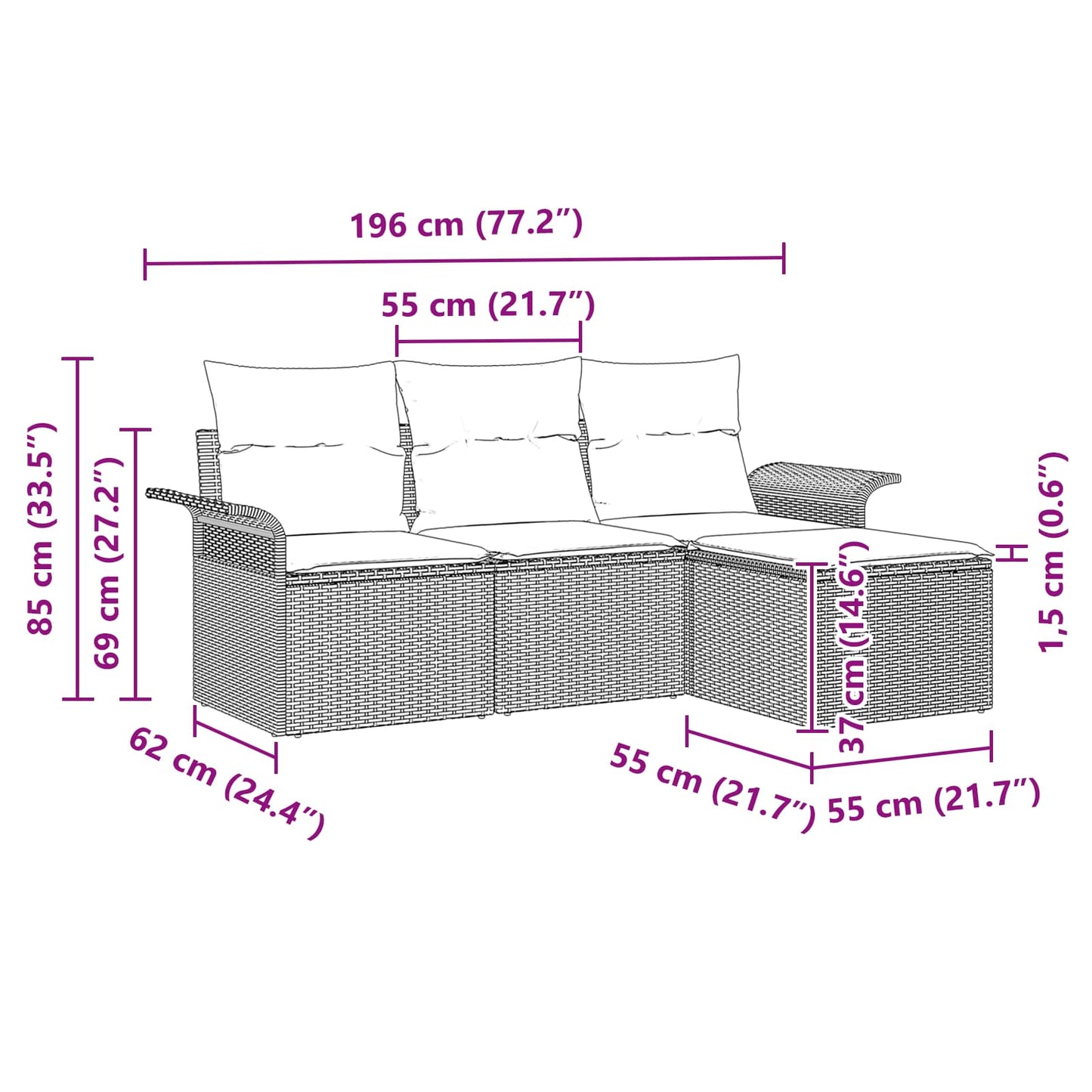 Havesofa Sæt med pude 4 pcs Grå polyrattan