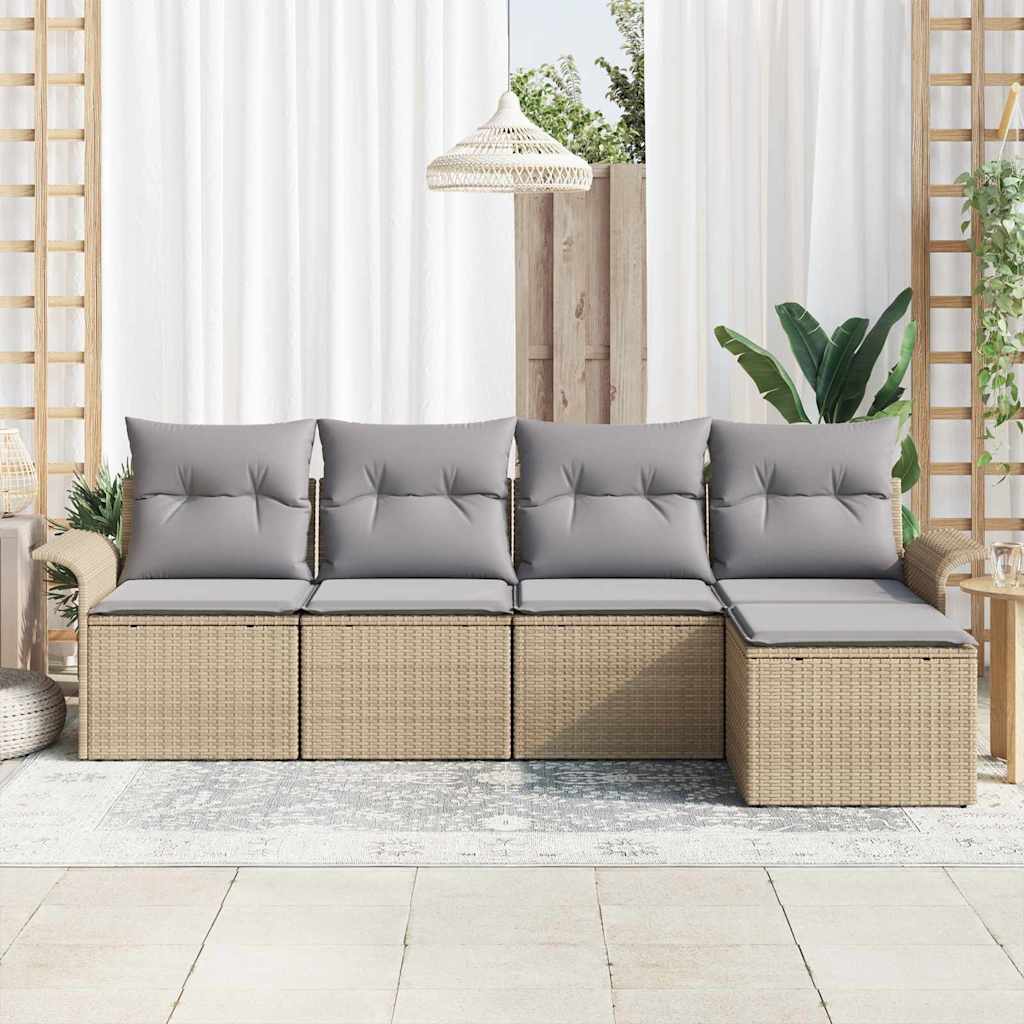Udendørs sofa med pude 5 pcs Beige polyrattan