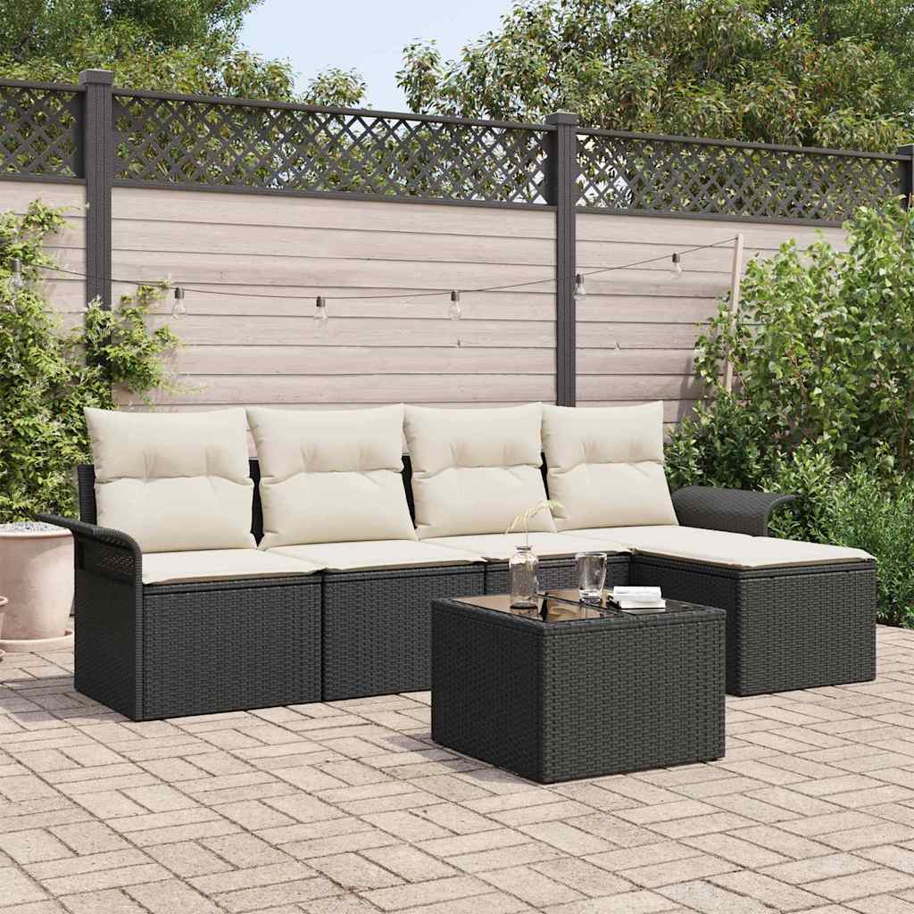 Udendørs sofa med pude 6 pcs Sort polyrattan