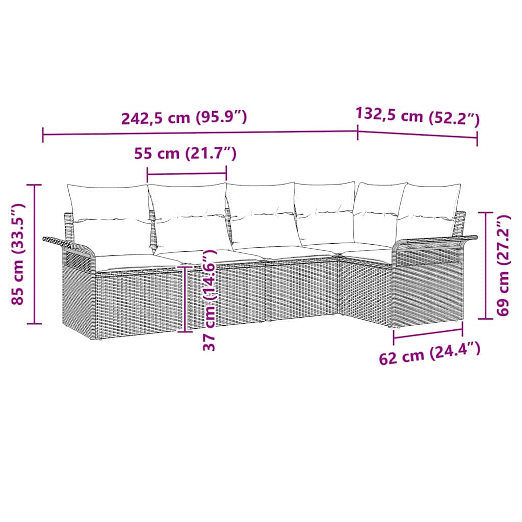 Havesofa Sæt med pude 5 pcs Brun polyrattan
