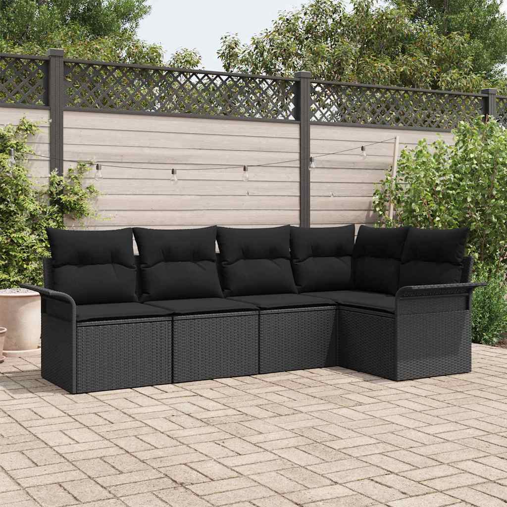 Havesofa Sæt med pude 5 pcs Sort polyrattan