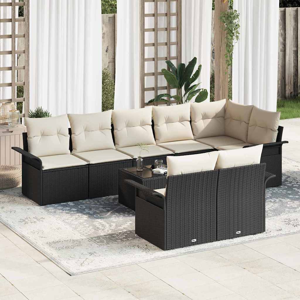 Havesofa Sæt med pude 9 pcs Sort polyrattan