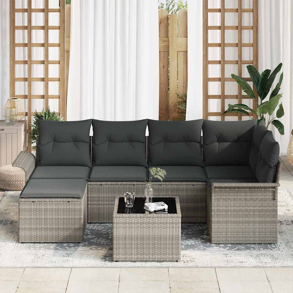 Havesofa Sæt med pude 7 pcs Lysegrå Poly rattan