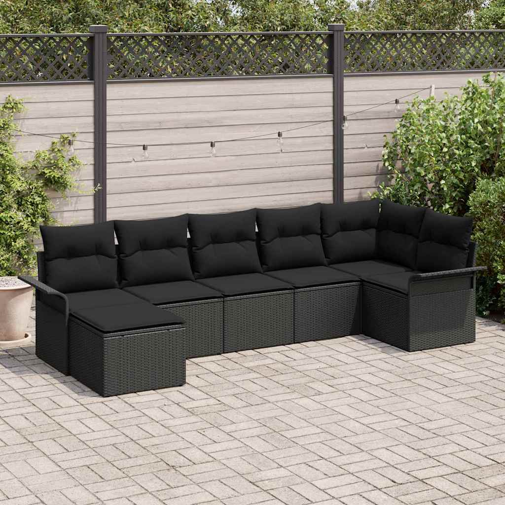 Havesofa Sæt med pude 7 pcs Sort Poly rattan