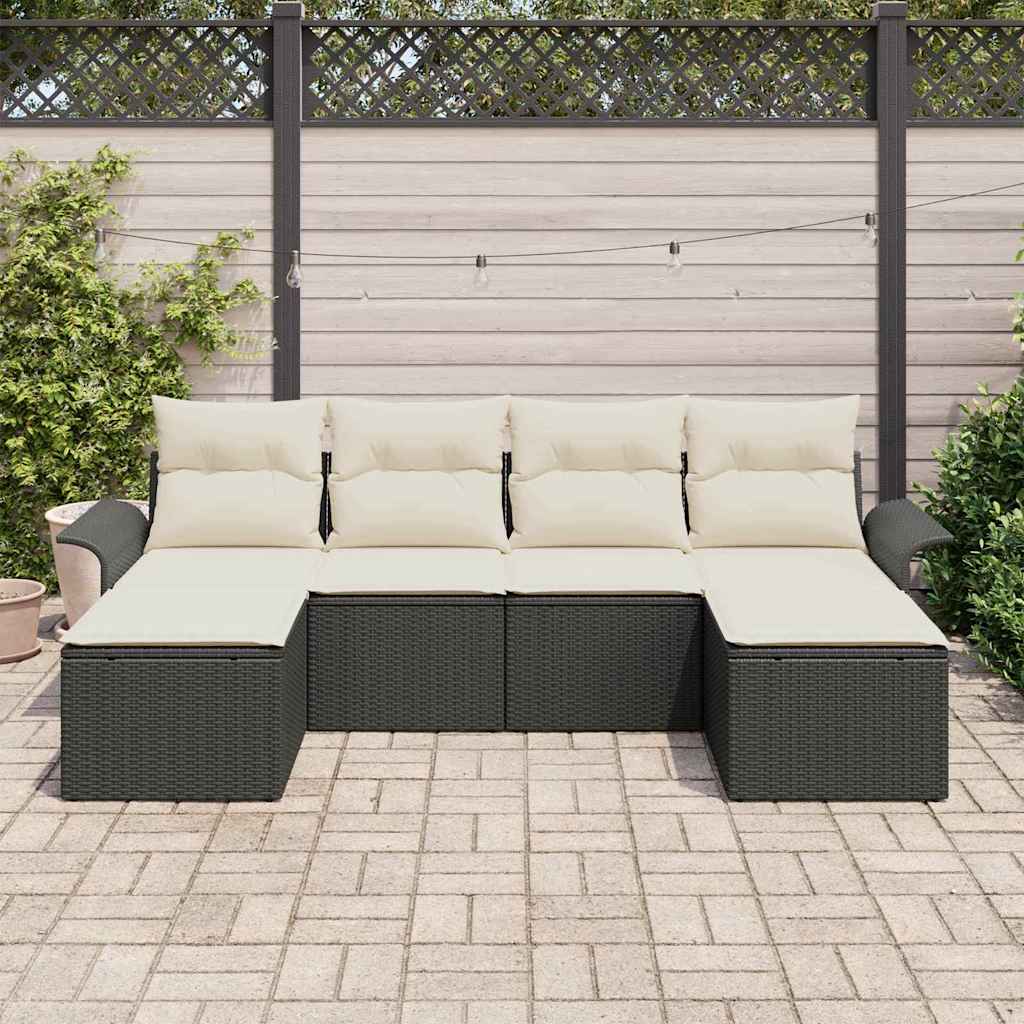 Havesofa Sæt med pude 6 pcs Sort polyrattan