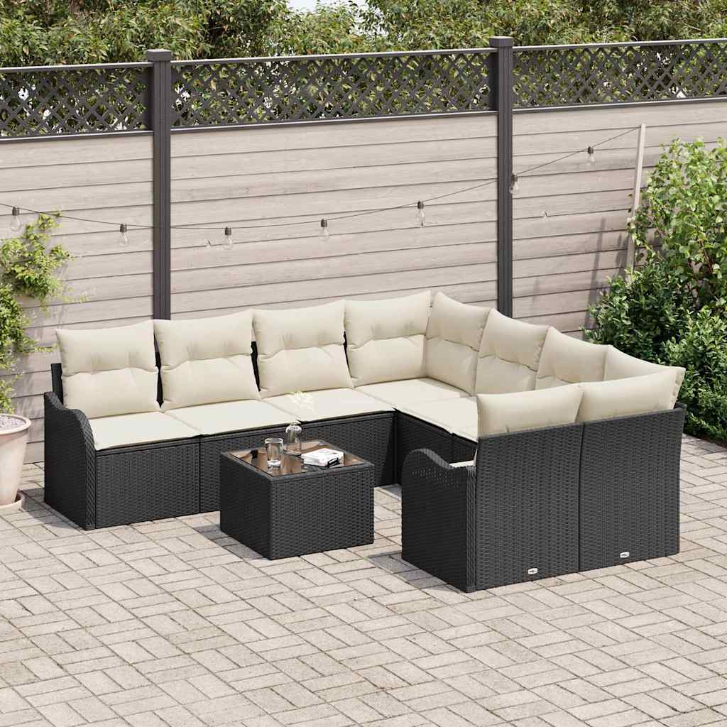 Havesofa Sæt med pude med opbevaring 9 pcs Sort polyrattan