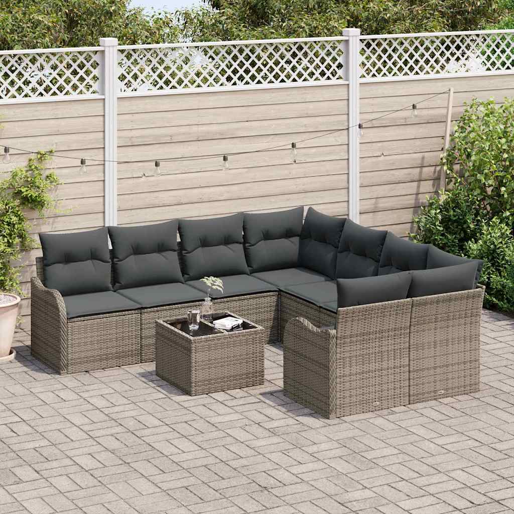 Havesofa Sæt med pude med opbevaring 9 pcs Grå polyrattan