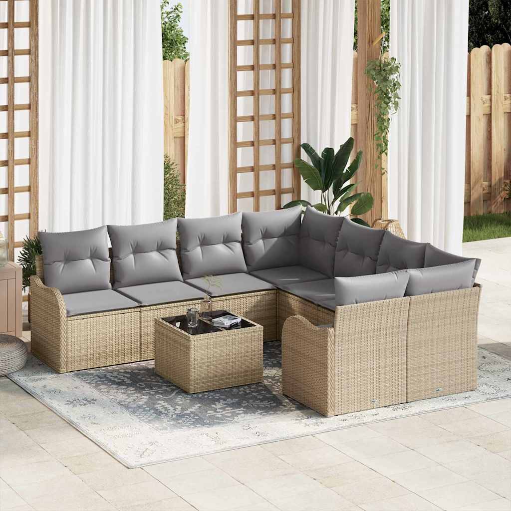 Havesofa Sæt med pude med opbevaring 9 pcs Beige polyrattan