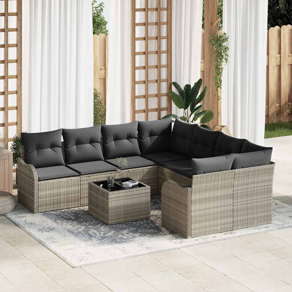 Havesofa Sæt med pude med opbevaring 9 pcs Lysegrå polyrattan