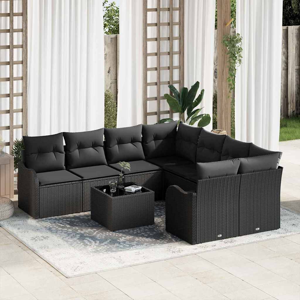 Havesofa Sæt med pude med opbevaring 9 pcs Sort polyrattan