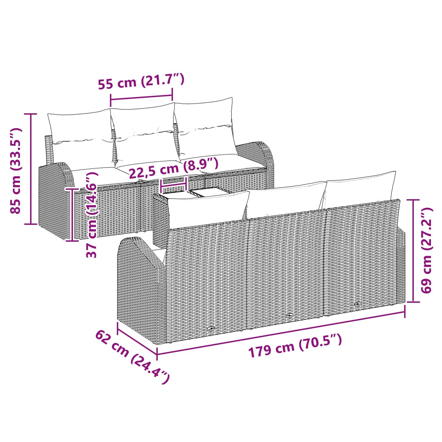 Havesofa Sæt Brun 55 x 55 x 37 cm polyrattan