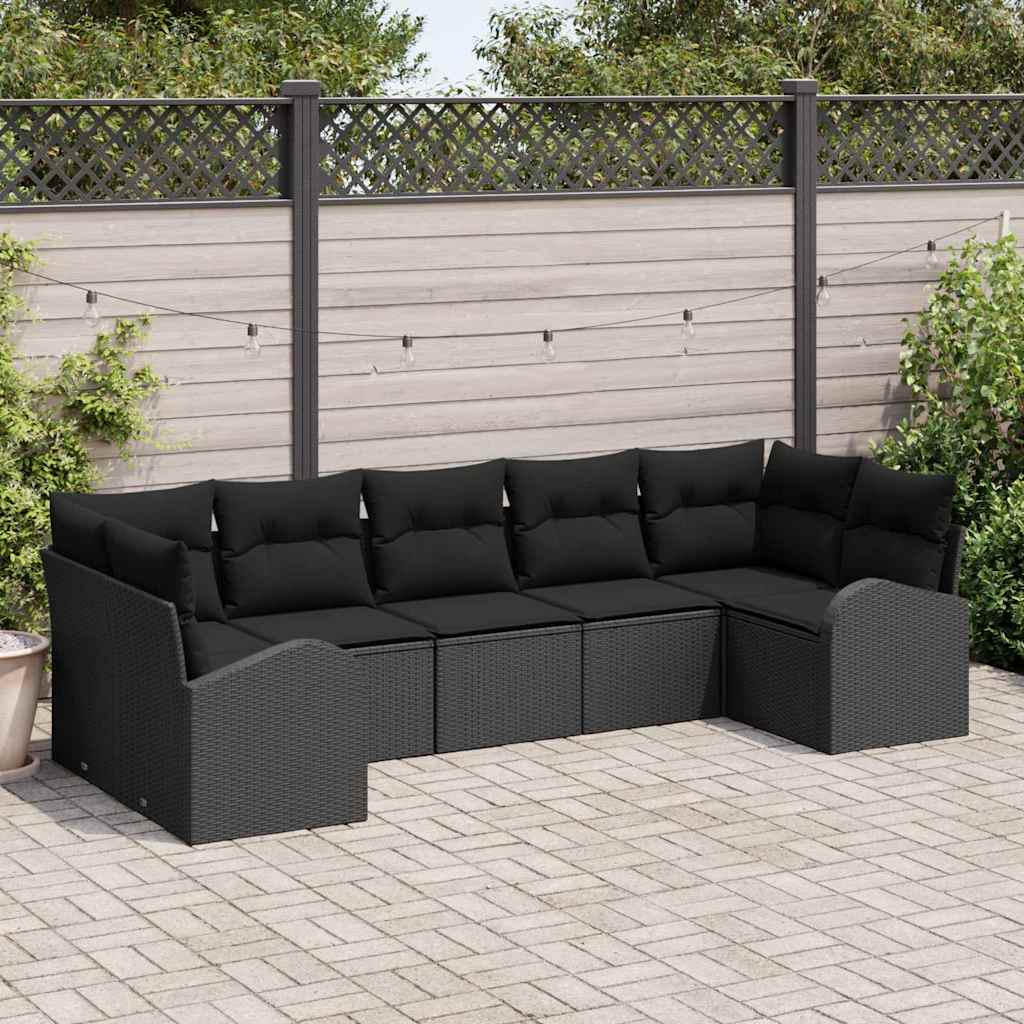 Havesofa Sæt med pude 7 pcs Sort Poly Rattan