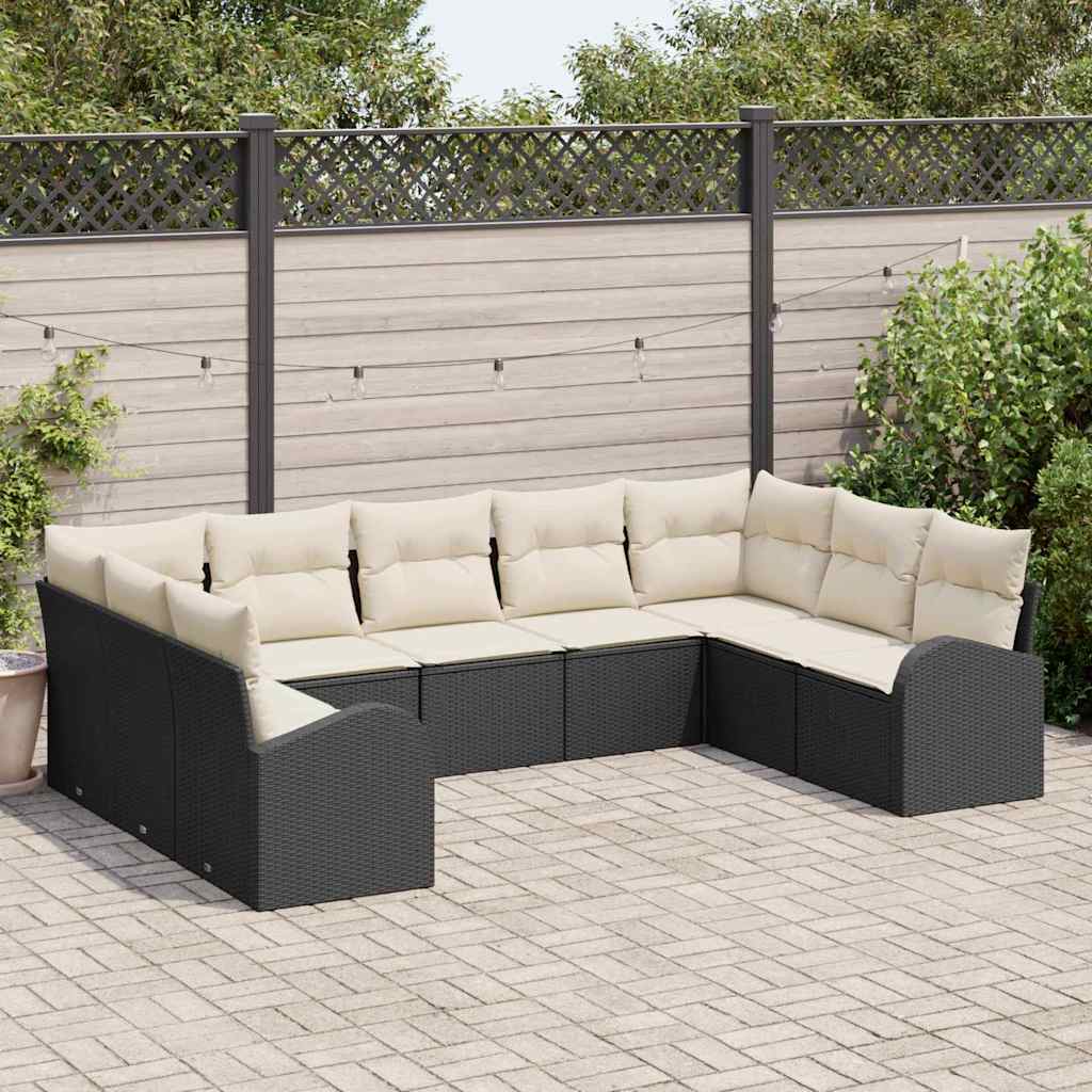 Sofa Sæt med pude 9 pcs Sort Poly Rattan