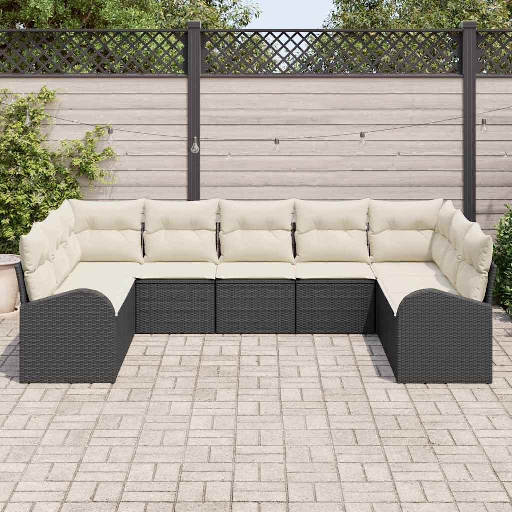Sofa Sæt med pude 9 pcs Sort Poly Rattan