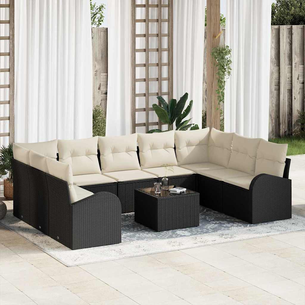 Sofa Sæt med pude 10 pcs Sort Poly Rattan