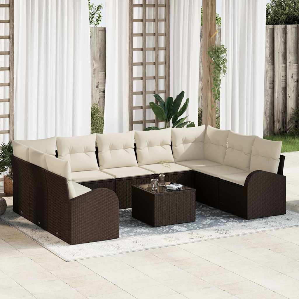 Sofa Sæt med pude 10 pcs Brun Poly Rattan