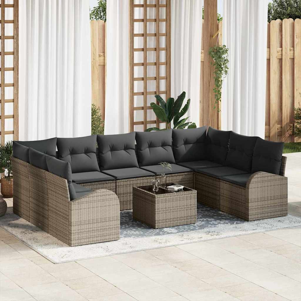 Sofa Sæt med pude 10 pcs Grå Poly Rattan