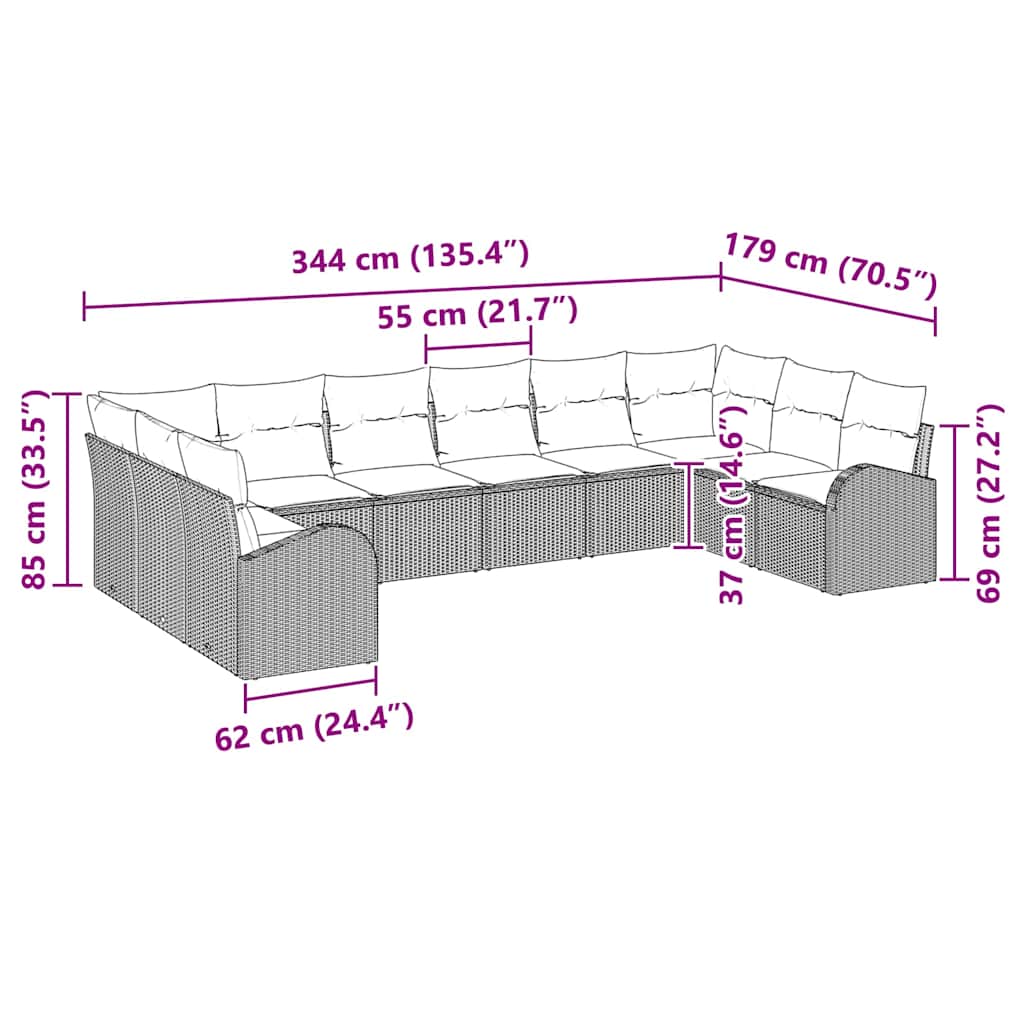 Sofa Sæt med pude 10 pcs Brun Polyrattan