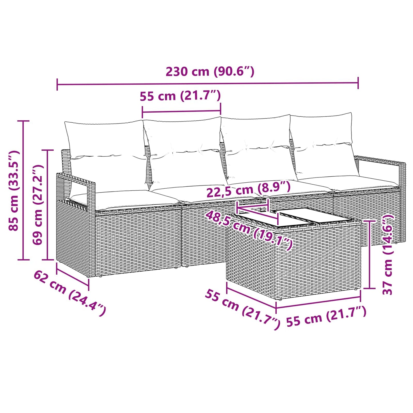 Sofa Sæt 5 pcs Brun og Rød polyrattan