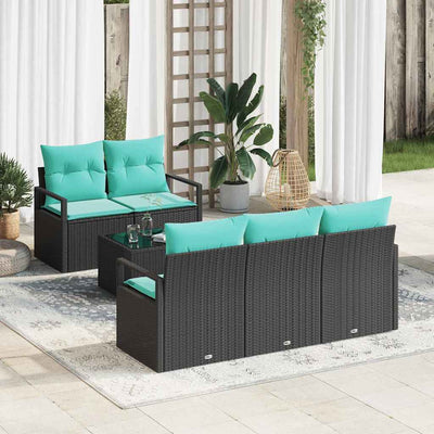 Sofa Sæt 6 pcs Sort og turkis polyrattan