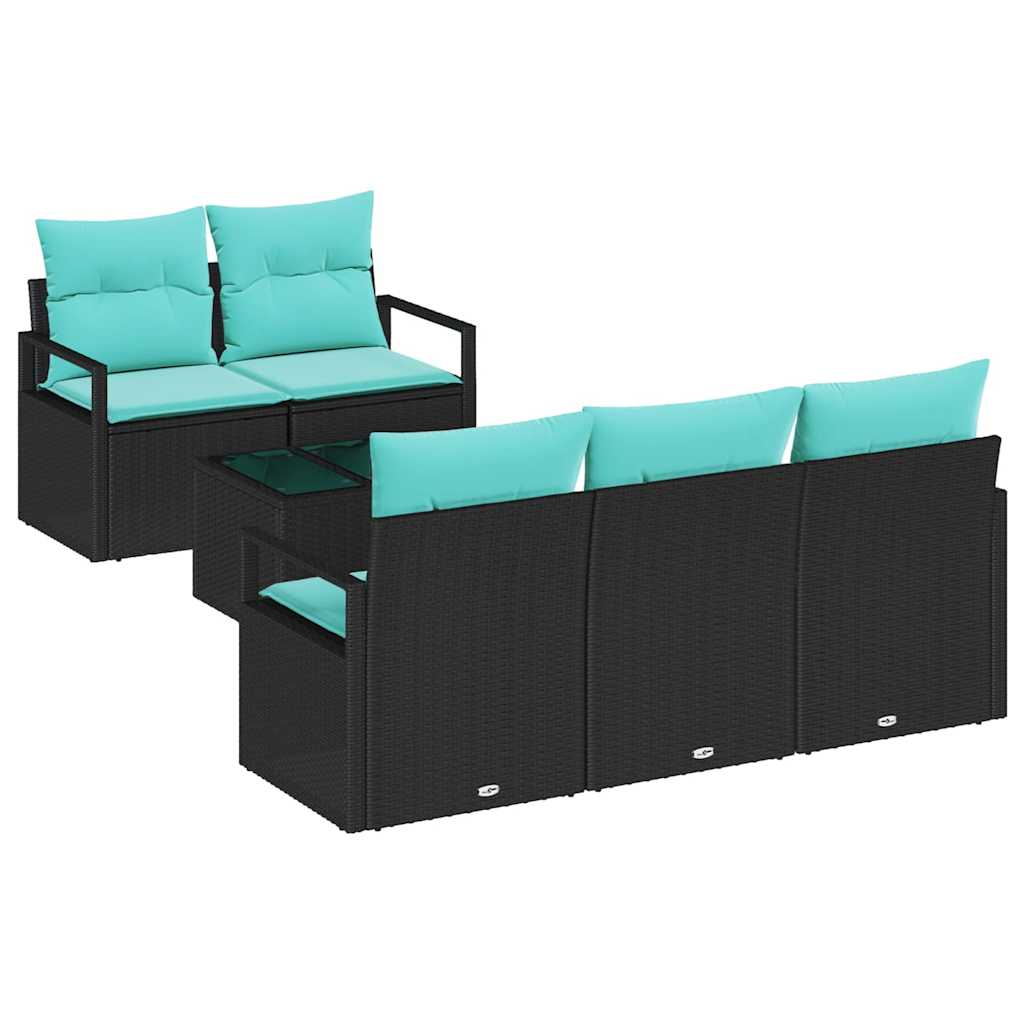 Sofa Sæt 6 pcs Sort og turkis polyrattan