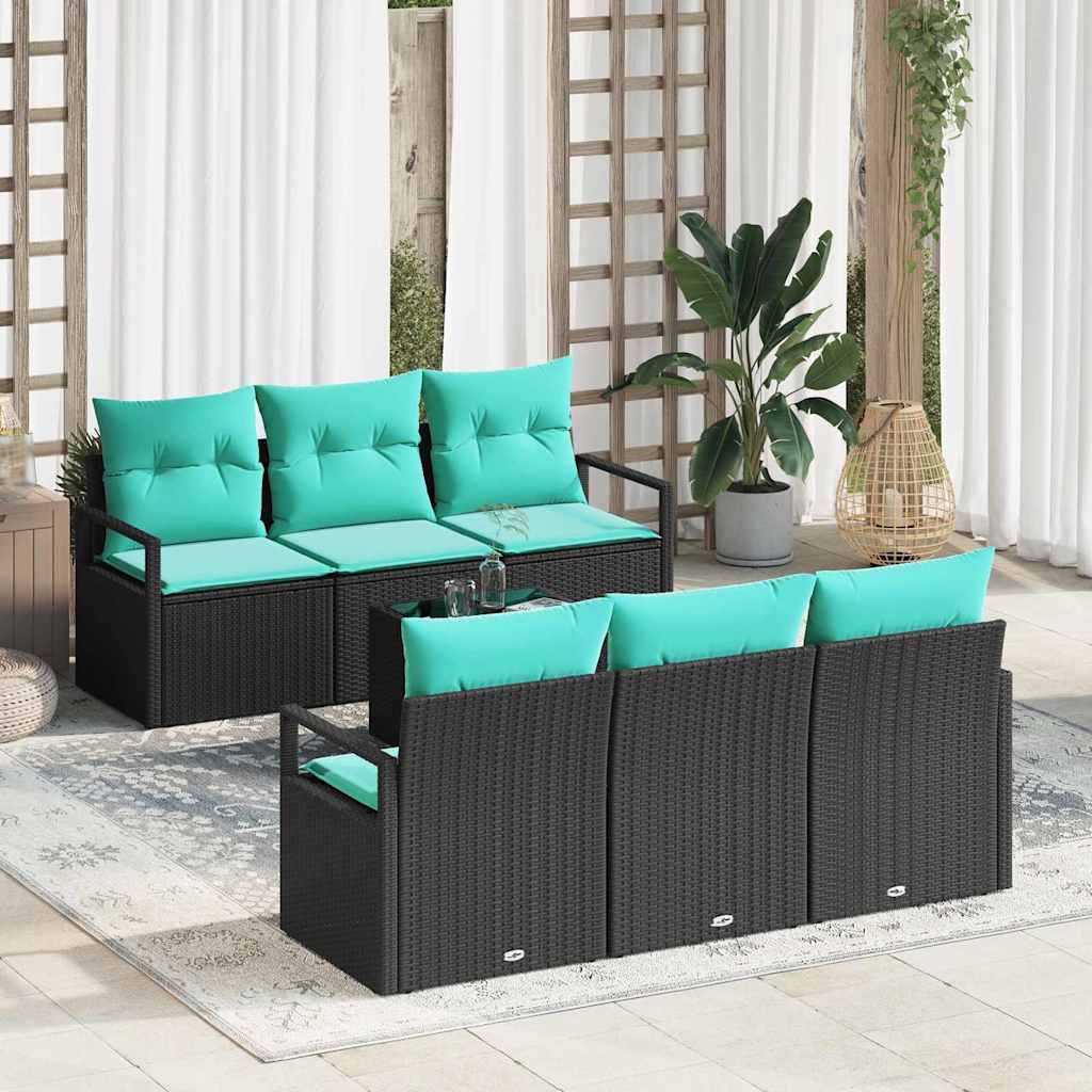 Sofa Sæt med pude 7 pcs Sort og turkis polyrattan