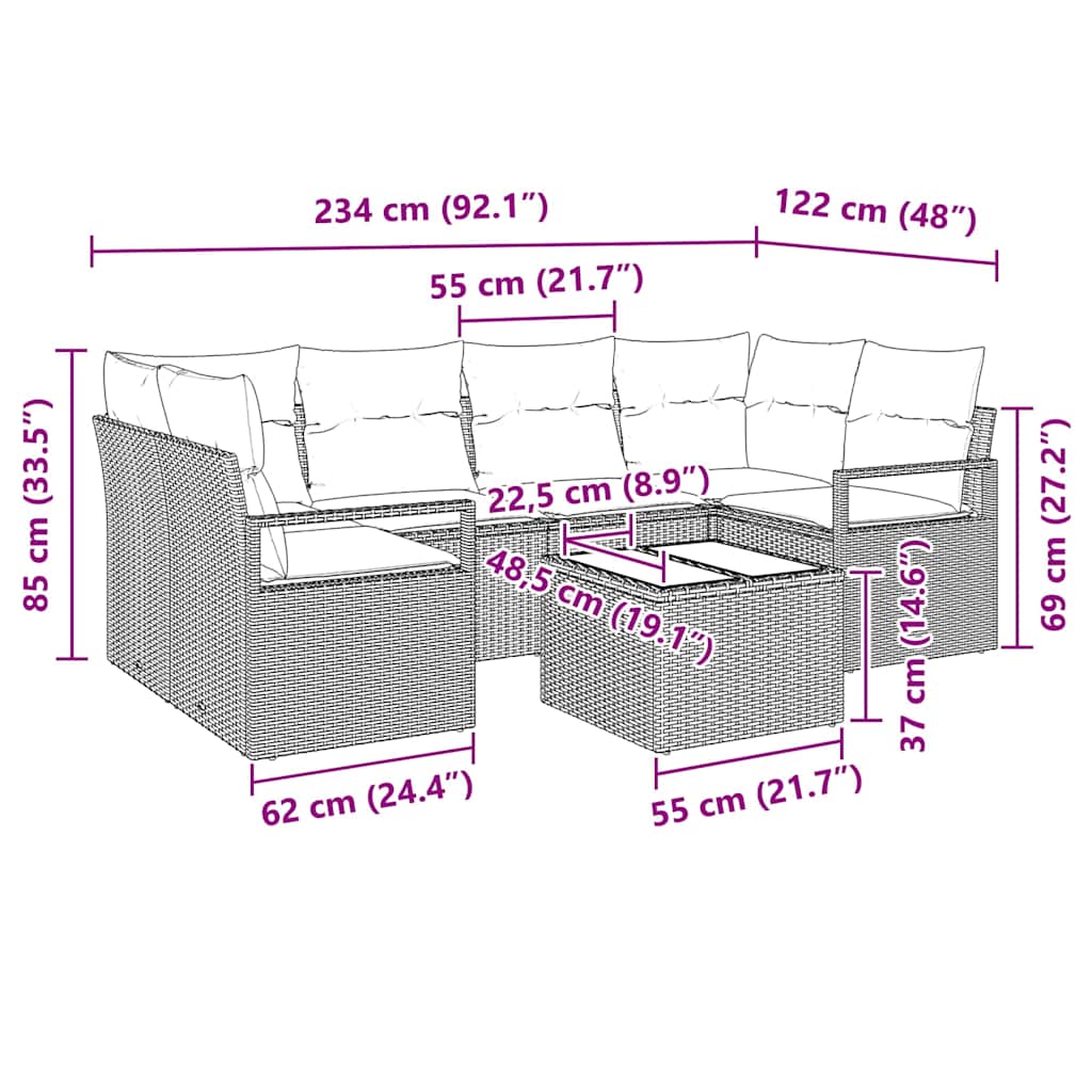 Sofa Sæt med pude 7 pcs Beige og grå polyrattan