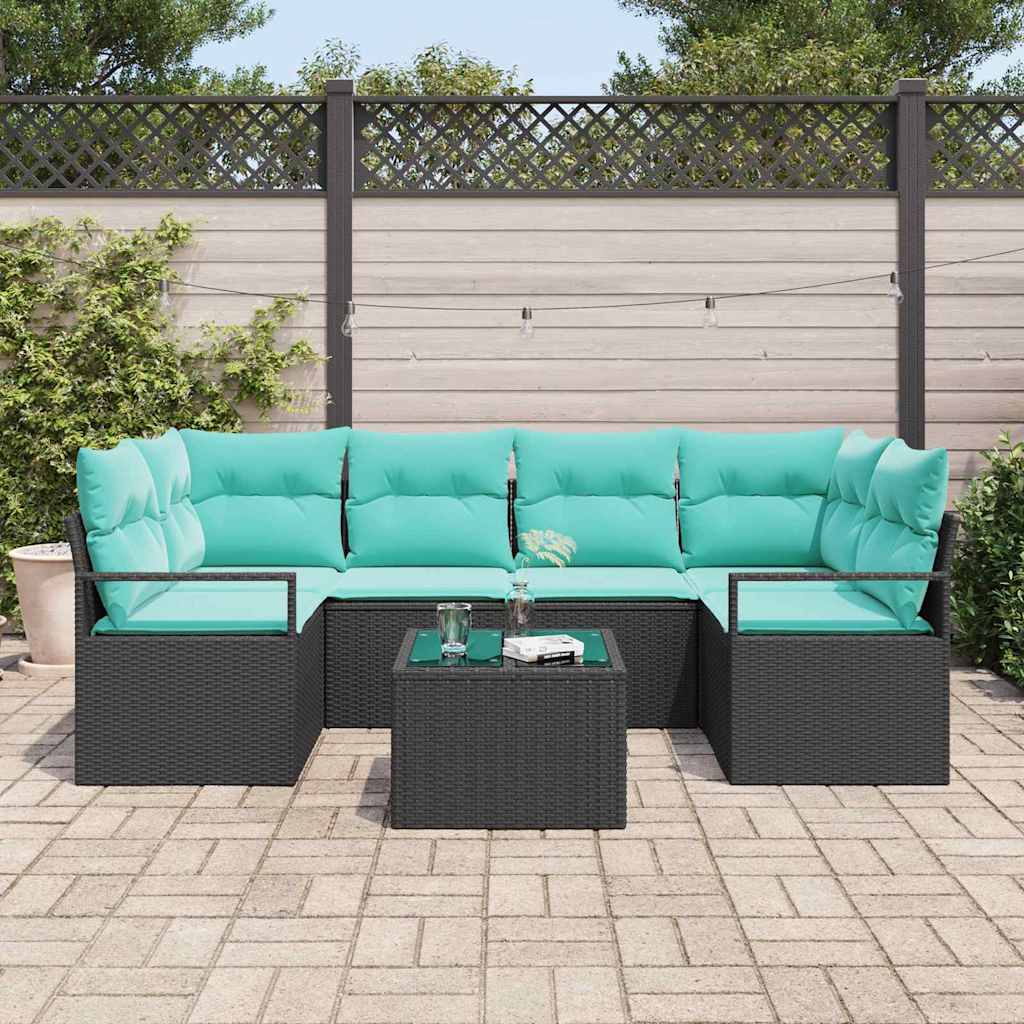 Sofa Sæt 7 pcs Sort og Blå polyrattan