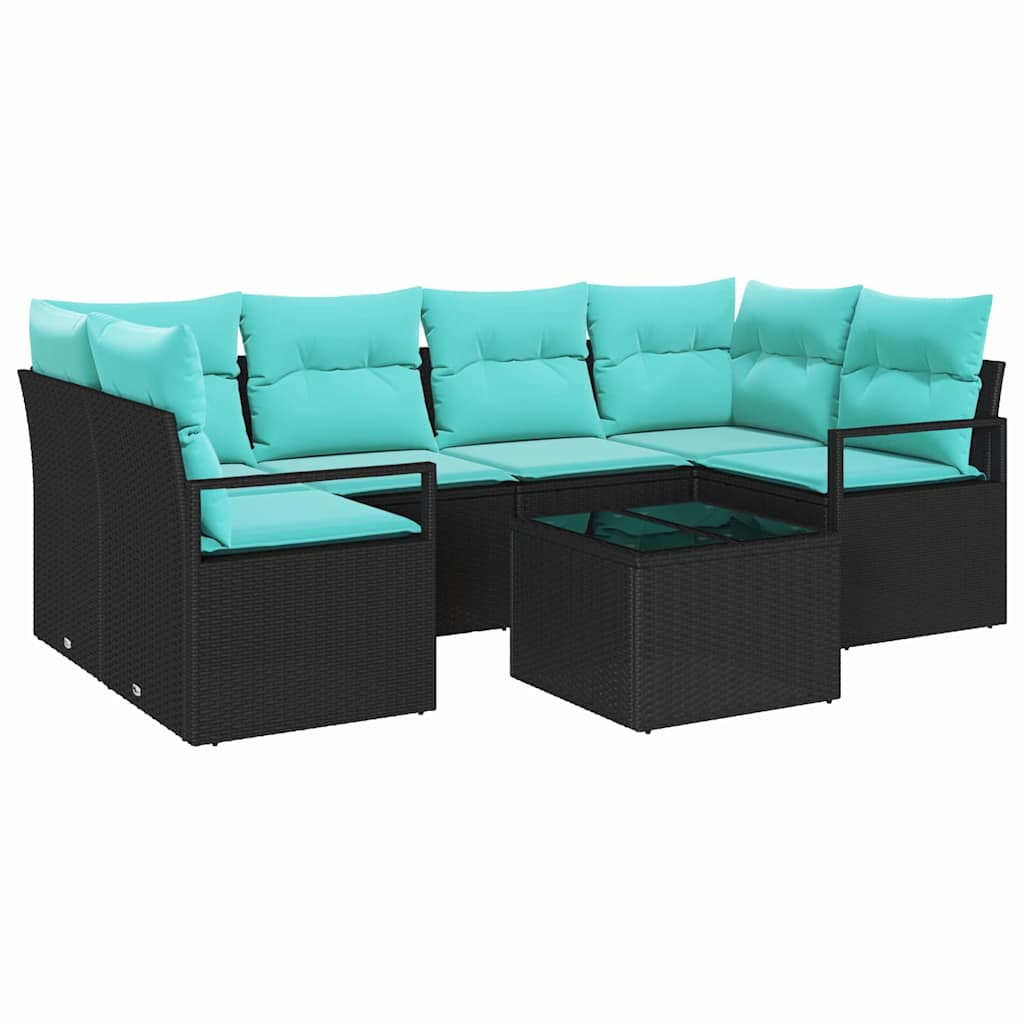 Sofa Sæt 7 pcs Sort og Blå polyrattan