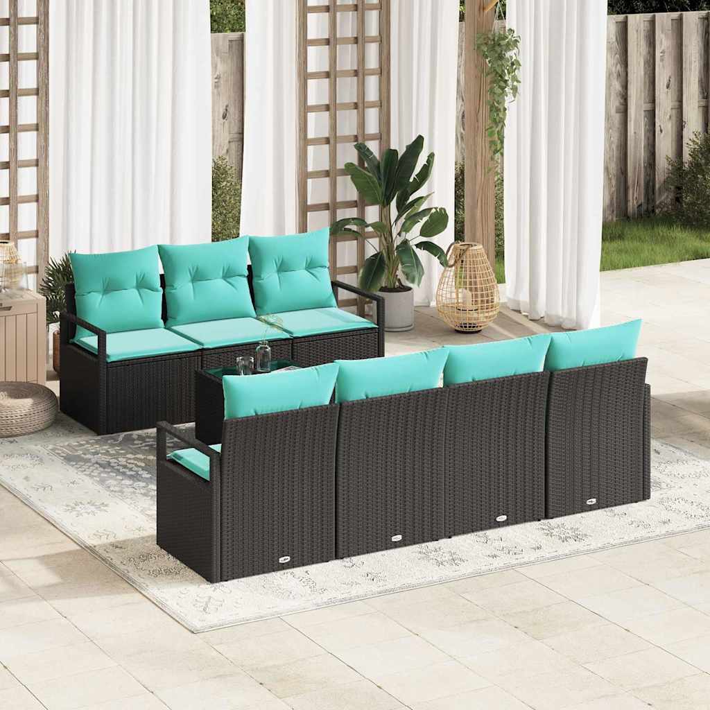Sofa Sæt med pude 8 pcs Sort og turkis polyrattan