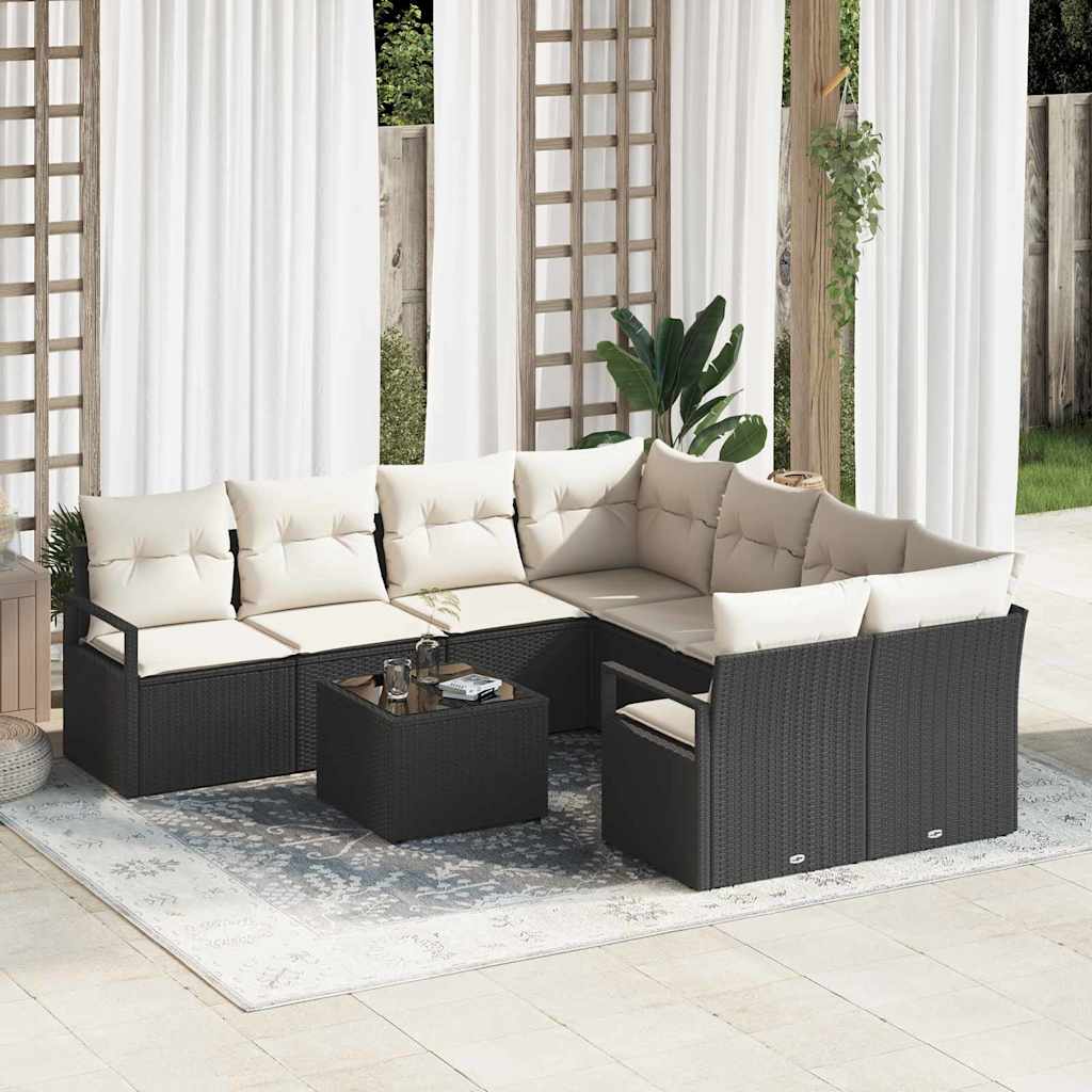 Sofa Sæt med pude 9 pcs Sort og Cream polyrattan