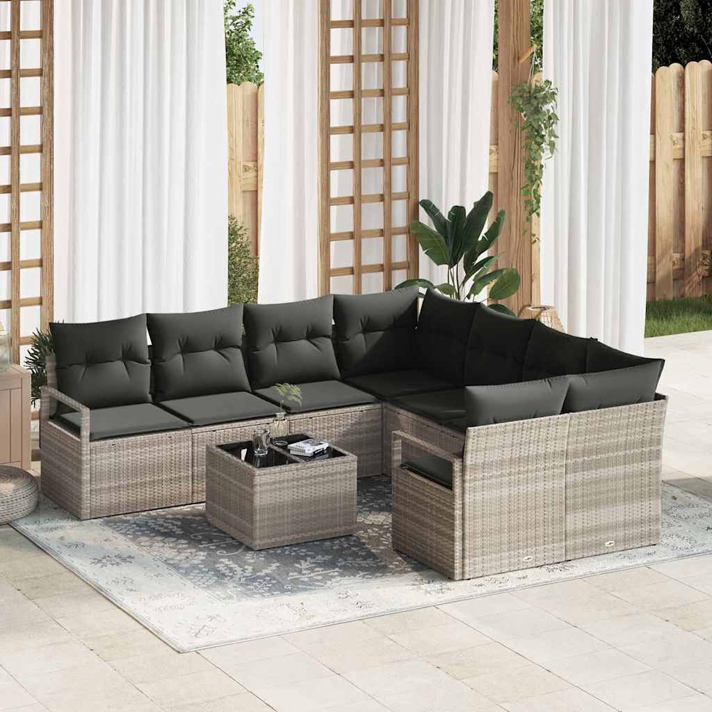 Sofa Sæt med pude 9 pcs Lys grå og sort polyrattan
