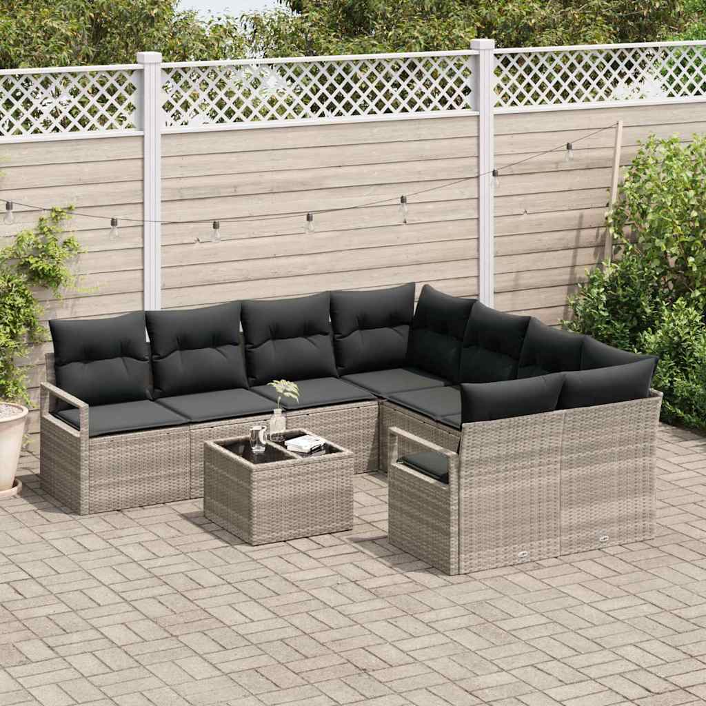 Sofa Sæt med pude 9 pcs Lys grå og sort polyrattan