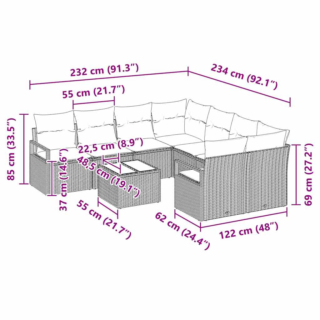 Sofa Sæt med pude 9 pcs Lys grå og sort polyrattan