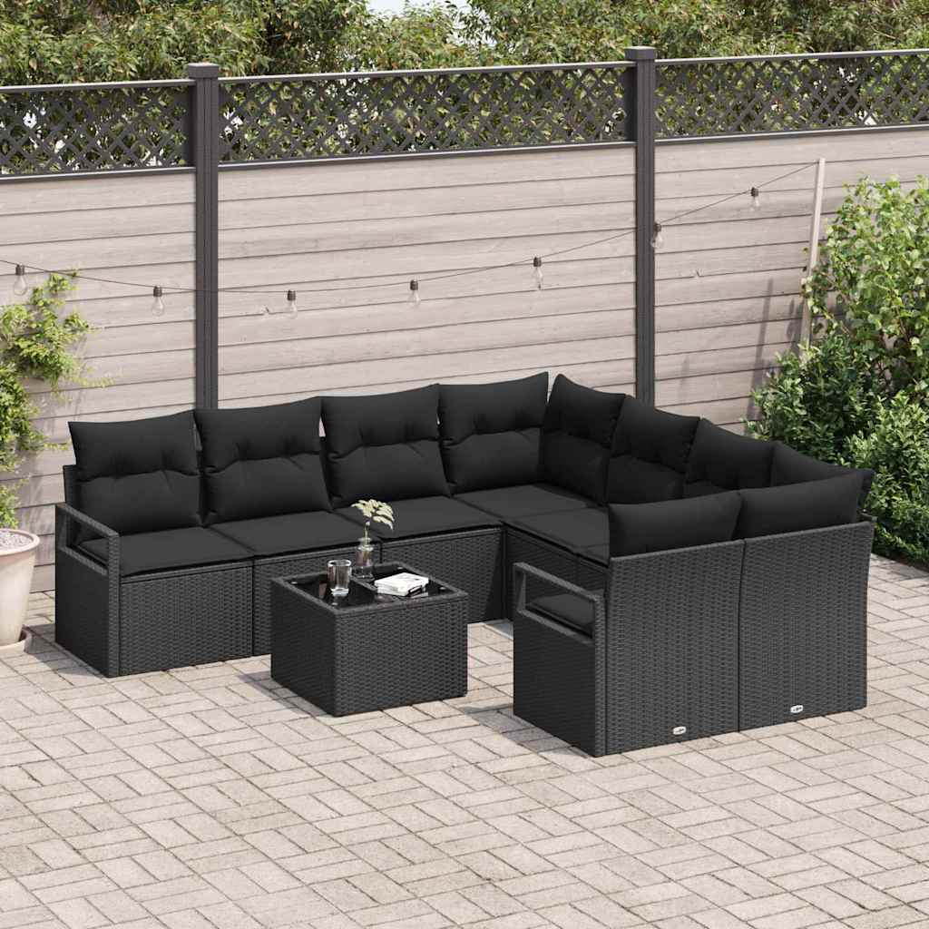 Sofa Sæt med pude 9 pcs Sort polyrattan