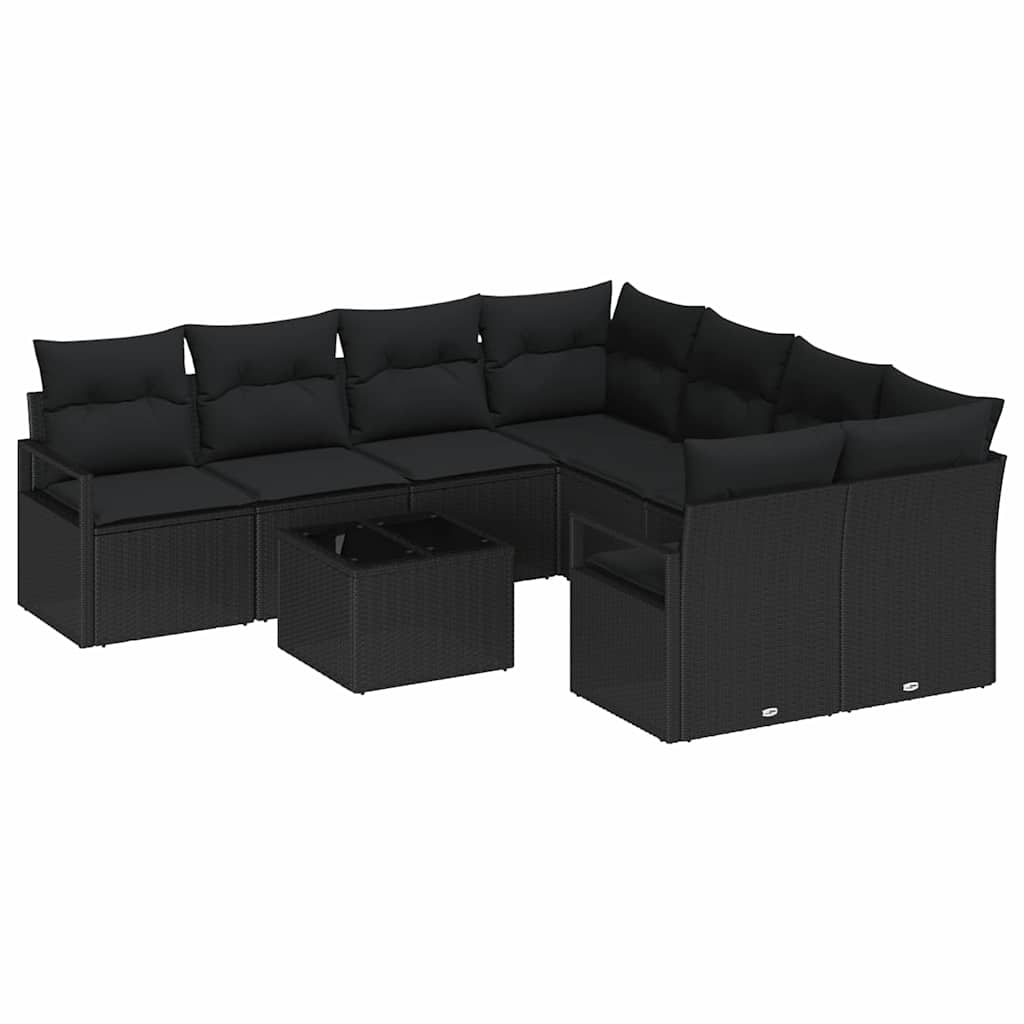 Sofa Sæt med pude 9 pcs Sort polyrattan