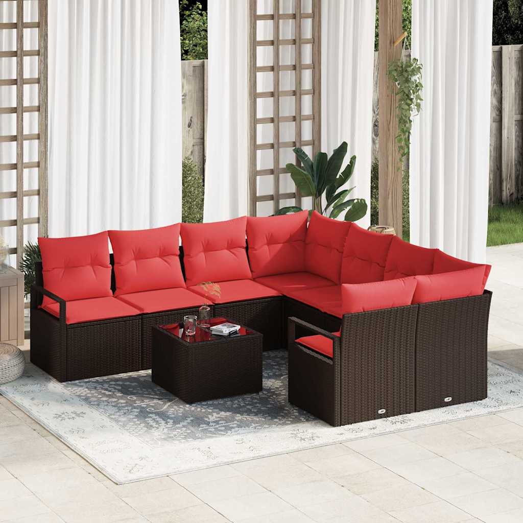 Sofa Sæt med pude 9 pcs Brun og Rød polyrattan