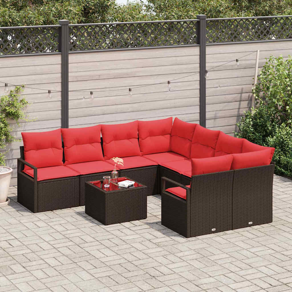 Sofa Sæt med pude 9 pcs Brun og Rød polyrattan
