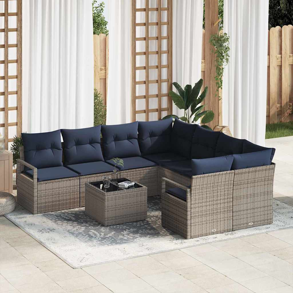 Sofa Sæt med pude 9 pcs Grå og Marineblå polyrattan