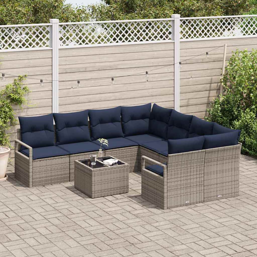 Sofa Sæt med pude 9 pcs Grå og Marineblå polyrattan