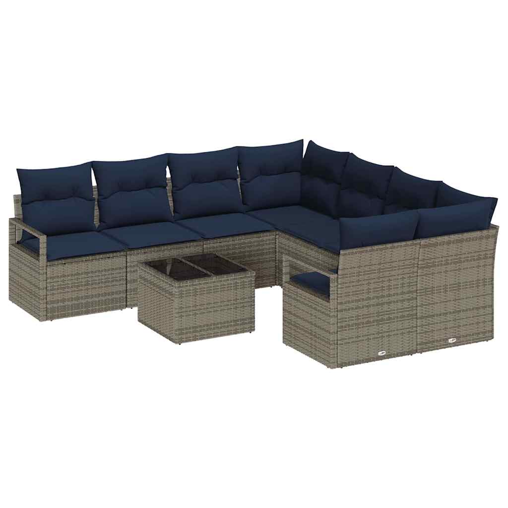 Sofa Sæt med pude 9 pcs Grå og Marineblå polyrattan