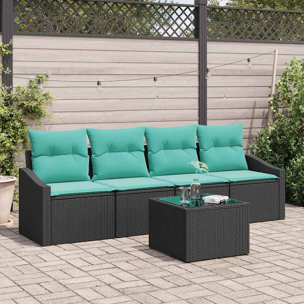 Sofa Sæt med pude med pude 5 pcs Sort og Turkis polyrattan