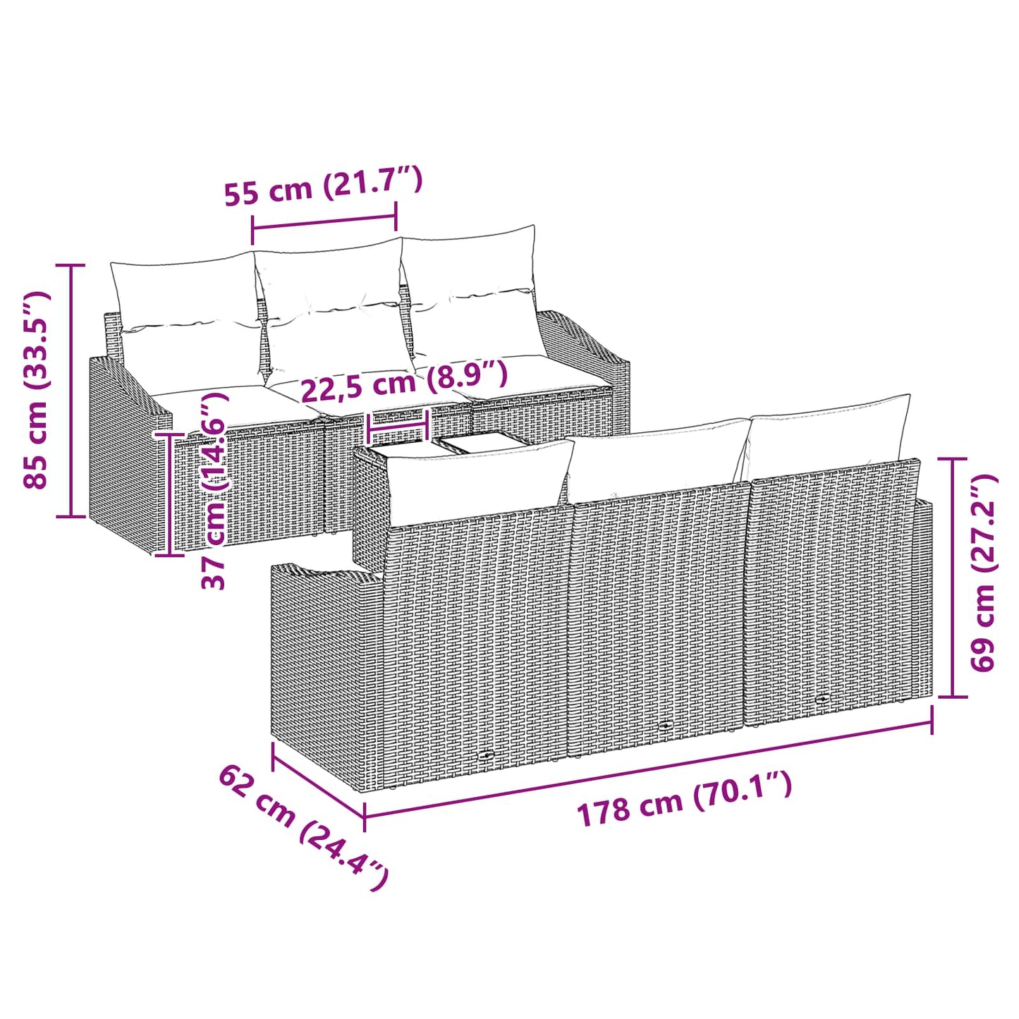 Sofa Sæt med pude med pude 7 pcs Sort og Turkis polyrattan