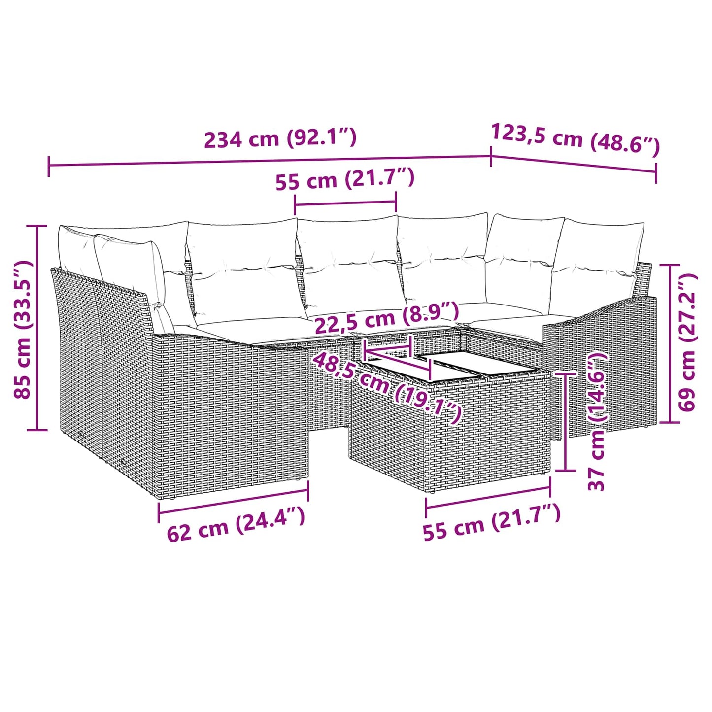 Sofa Sæt med pude med pude 7 pcs Sort og Turkis polyrattan