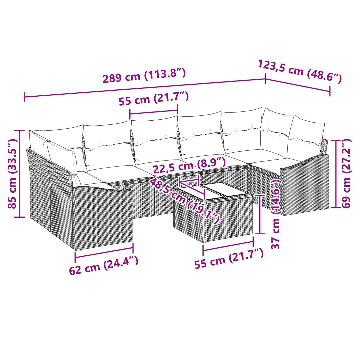 Sofa Sæt med pude med pude 8 pcs Sort og Turkis polyrattan