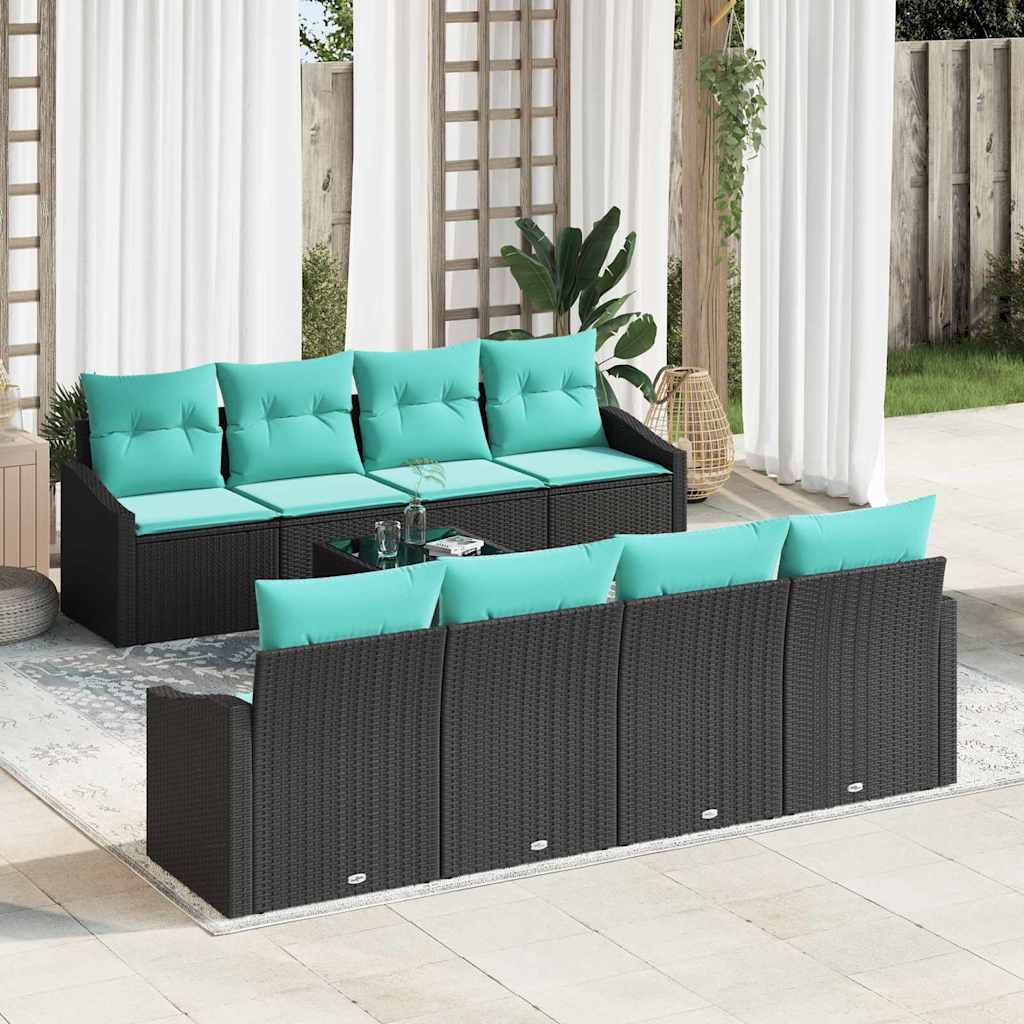 Sofa Sæt med pude med pude 9 pcs Sort og Turkis polyrattan