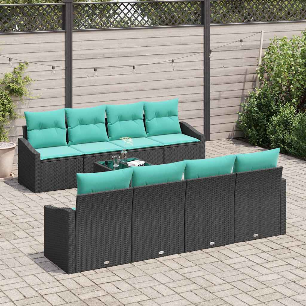 Sofa Sæt med pude med pude 9 pcs Sort og Turkis polyrattan