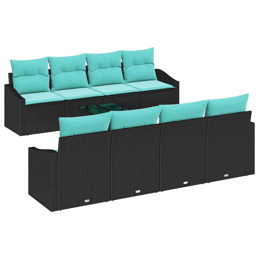 Sofa Sæt med pude med pude 9 pcs Sort og Turkis polyrattan