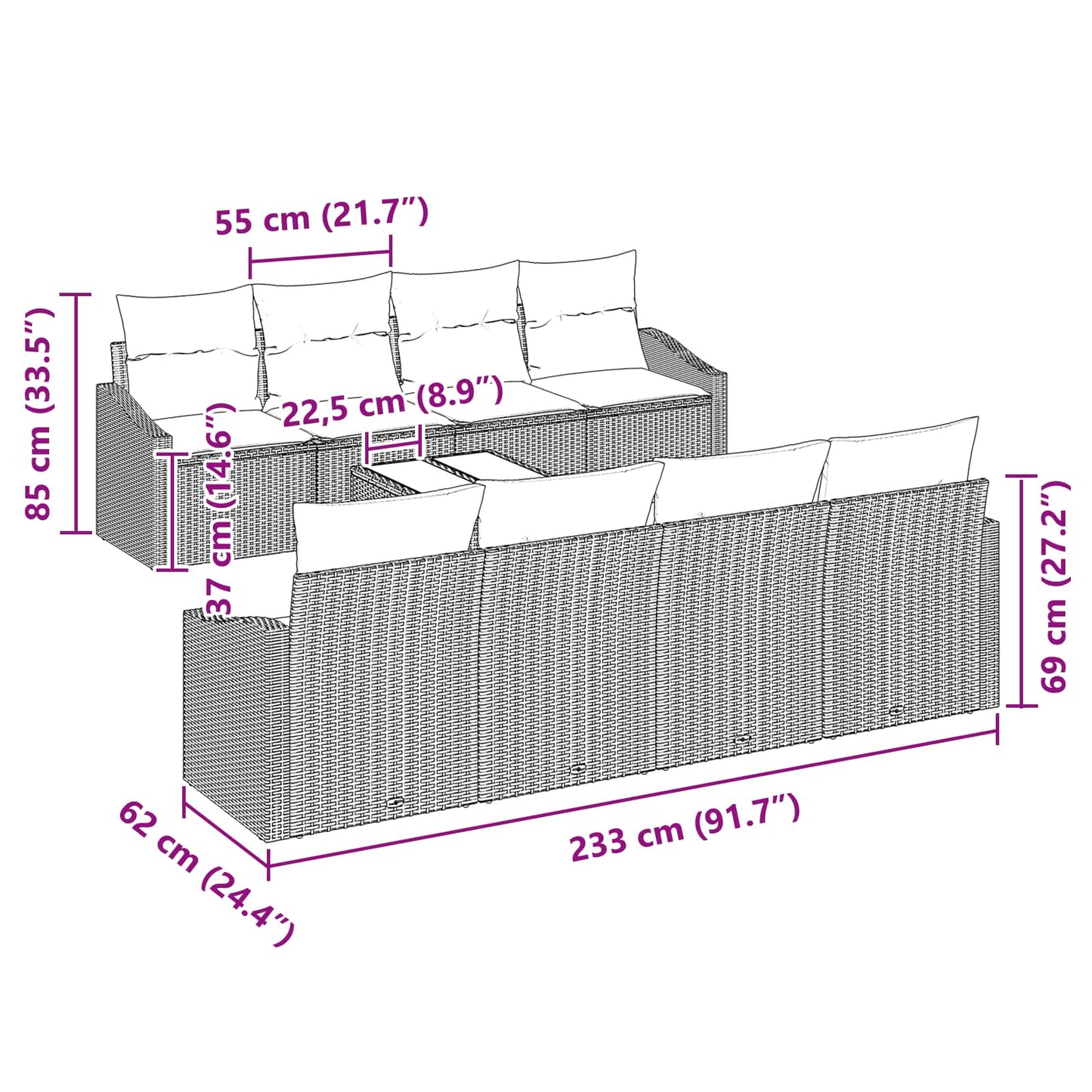 Sofa Sæt med pude med pude 9 pcs Sort og Turkis polyrattan
