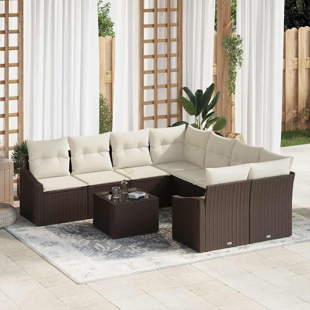 Sofa Sæt med pude med pude 9 pcs Brun og Creme polyrattan